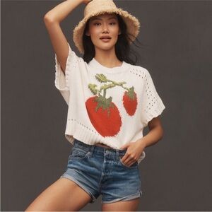 Anthropologie Maeve Cream Knit Sweater Red Tomato Motif - Viral & sold out!